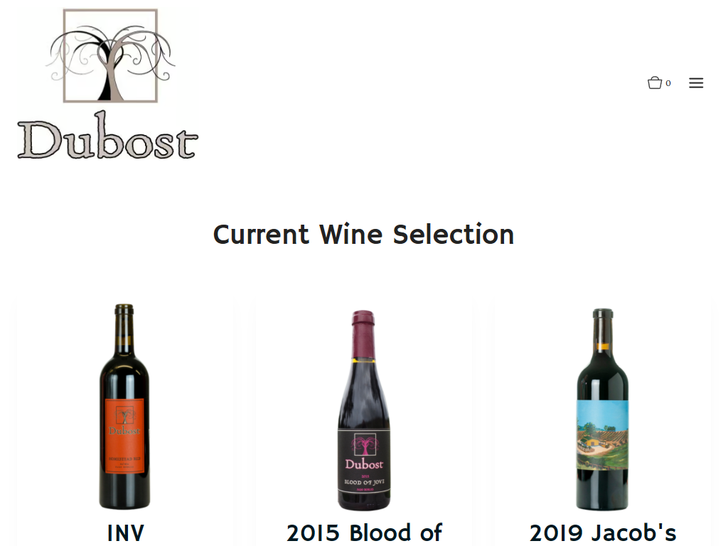 The Dubost wines listing in a desktop browser, headed "Current Wine Selection", showing three bottles side by side.