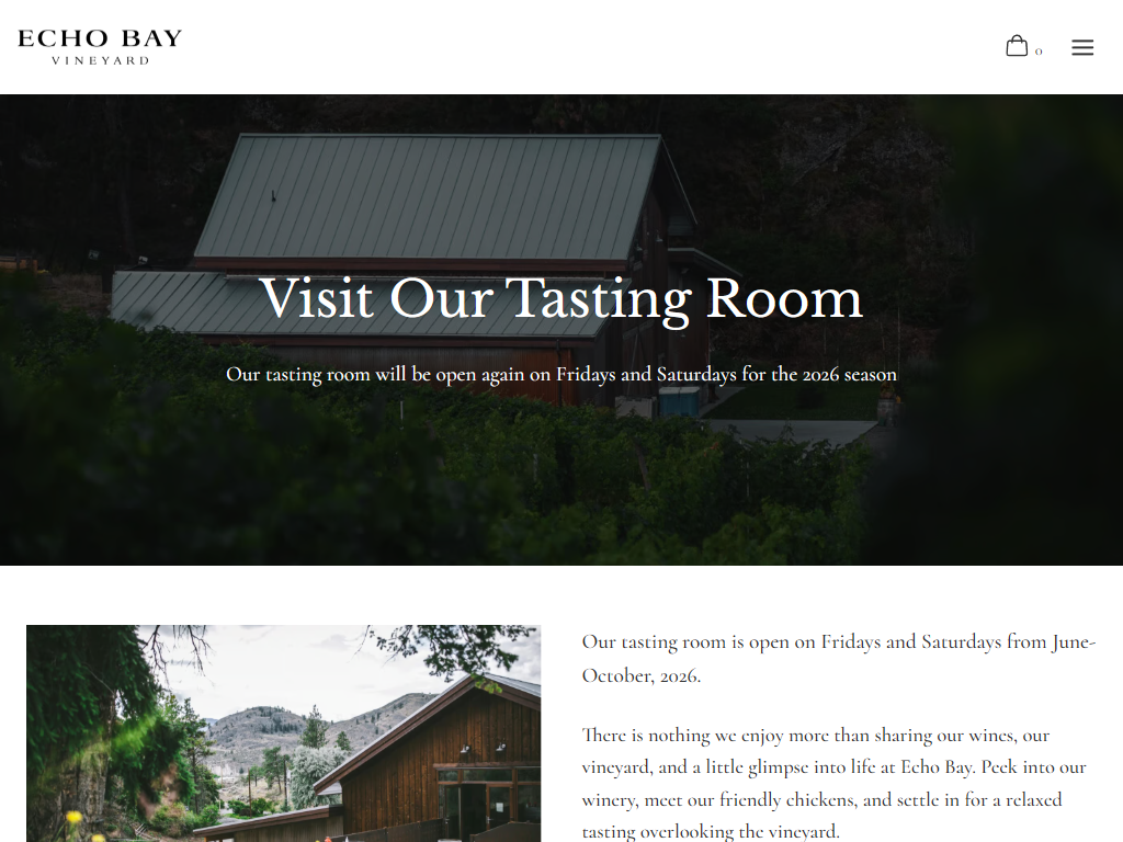 The Echo Bay Visit Us page in a desktop browser, headed "Visit Our Tasting Room" over the tasting room roof among dark trees, with the Friday and Saturday opening hours and a photograph of the building below.