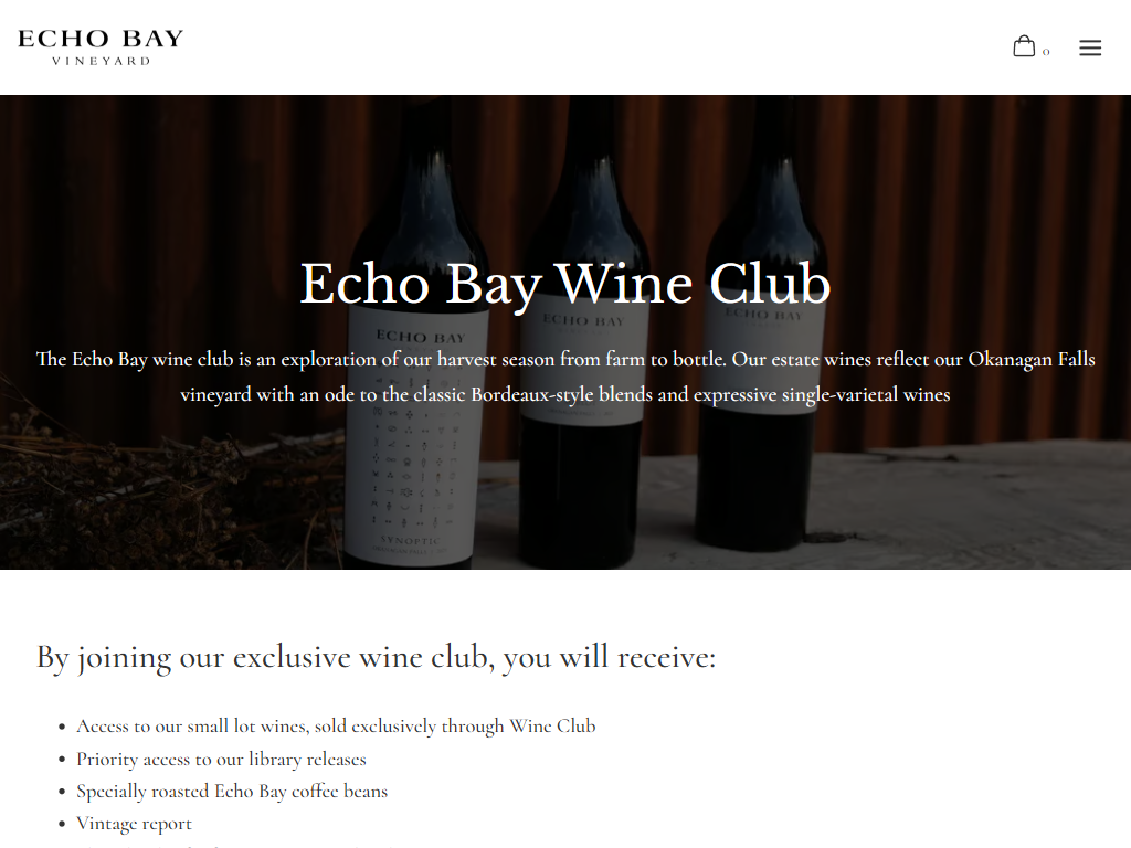 The Echo Bay wine club page in a desktop browser, headed "Echo Bay Wine Club" over bottles standing against rusted corrugated steel, with the member benefits listed below.