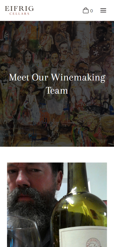 The Eifrig Cellars about page on a phone, headed "Meet Our Winemaking Team" over the painted faces, with a portrait beside a bottle below.
