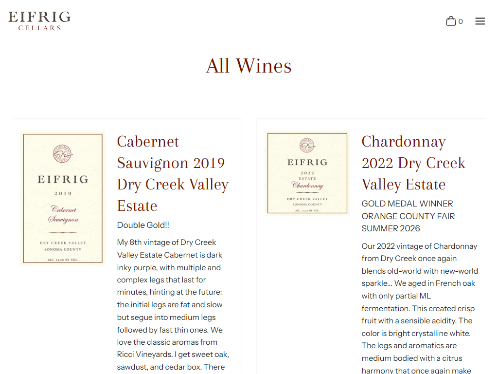 The Eifrig Cellars wines listing in a desktop browser, headed "All Wines", showing the Cabernet Sauvignon 2019 and Chardonnay 2022 Dry Creek Valley Estate with their labels and tasting notes.