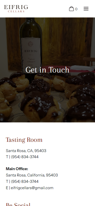 The Eifrig Cellars contact page on a phone, headed "Get in Touch" over a bottle photograph, with the Santa Rosa tasting room and main office details below.