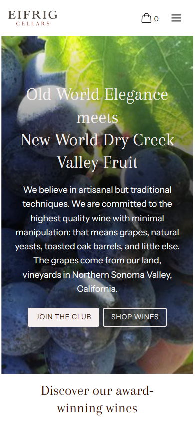 The Eifrig Cellars homepage on a phone, with the grape bunch photograph behind the old world elegance heading and the club and shop buttons.