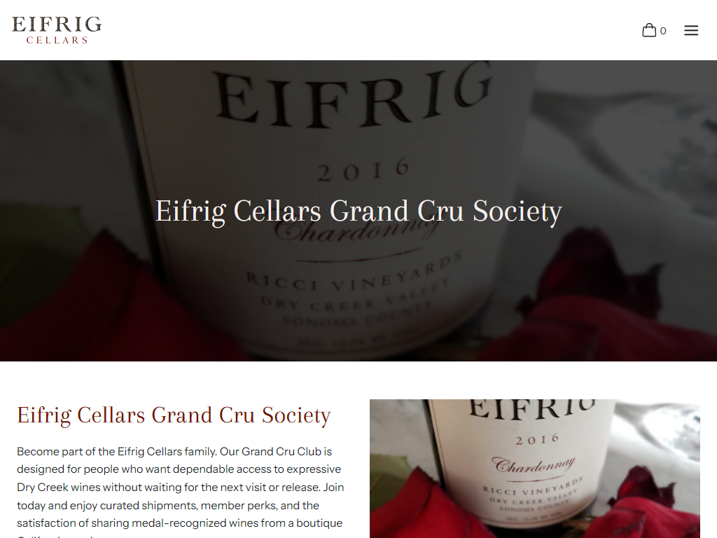 The Eifrig Cellars wine club page in a desktop browser, headed "Eifrig Cellars Grand Cru Society" over a close view of a bottle label, with the club description and a second bottle photograph below.