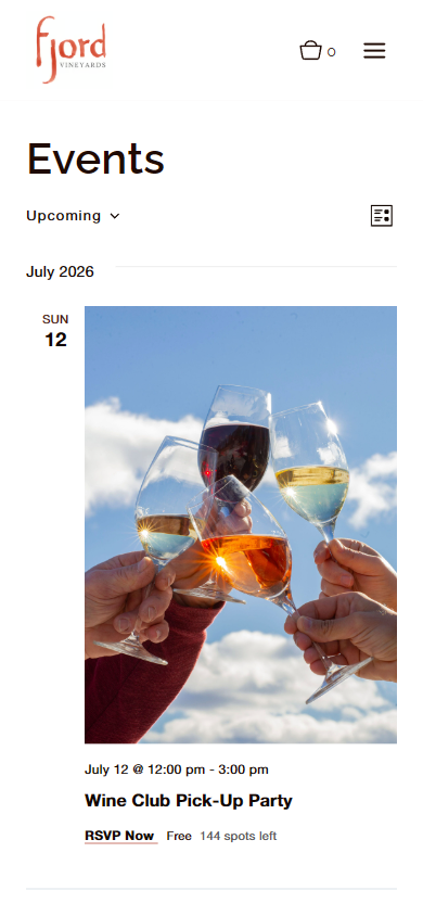 The Fjord Vineyards events page on a phone, headed "Events", listing a wine club pick-up party illustrated by guests touching glasses together.