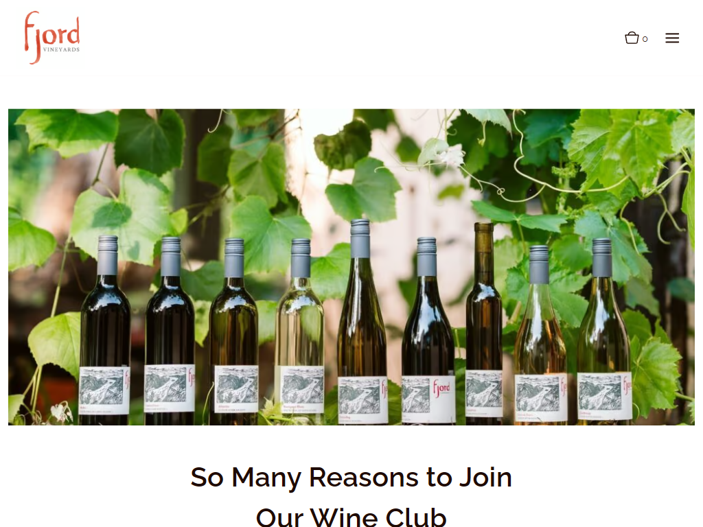 The Fjord Vineyards wine club page in a desktop browser, with a row of bottles set among vine leaves, above the heading "So Many Reasons to Join Our Wine Club".