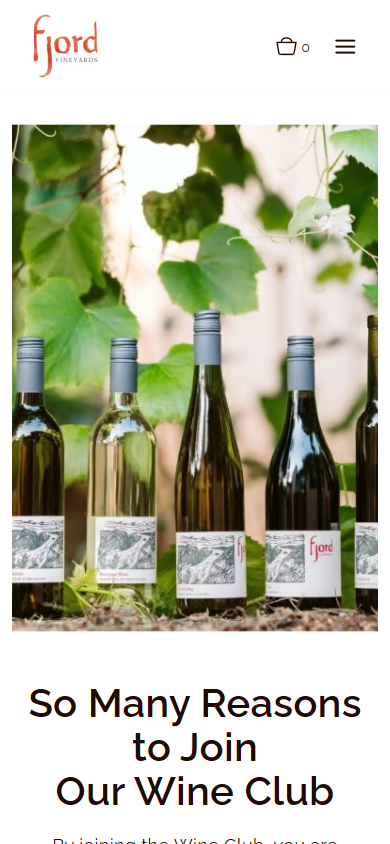 The Fjord Vineyards wine club page on a phone, with the bottles among the vine leaves above the invitation to join.