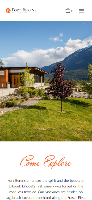 The Fort Berens homepage on a phone, with the winery building and mountains above the "Come Explore" introduction.