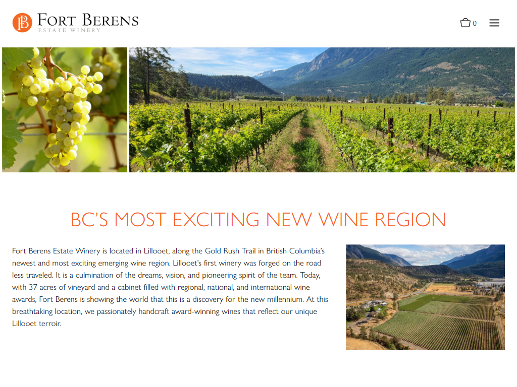 The Fort Berens place page in a desktop browser, headed "BC's Most Exciting New Wine Region", with a close-up of white grapes beside a view down the vineyard rows to the mountains.