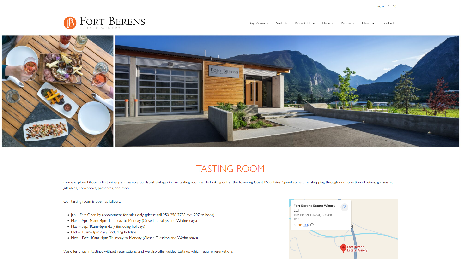 The Fort Berens tasting room page in a desktop browser, pairing a shared table of food from above with a photograph of the winery entrance, over the tasting room hours and a location map.