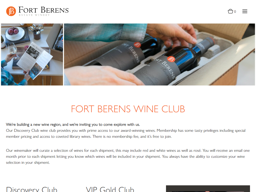 The Fort Berens wine club page in a desktop browser, headed "Fort Berens Wine Club", showing bottles being packed for shipment above the Discovery Club and VIP Gold Club tiers.