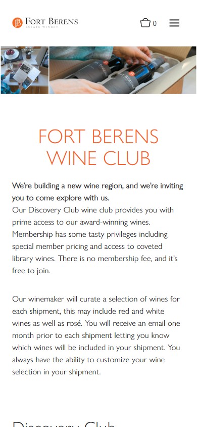 The Fort Berens wine club page on a phone, headed "Fort Berens Wine Club", with the packing photographs above the membership copy.