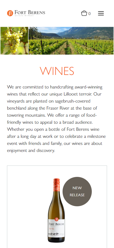 The Fort Berens wines listing on a phone, headed "Wines", with a vineyard photograph above a bottle marked as a new release.