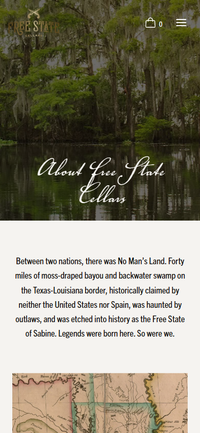 The Free State Cellars About page on a phone, headed over a bayou of moss-draped cypress, telling the history of the Free State of Sabine beside an old map.