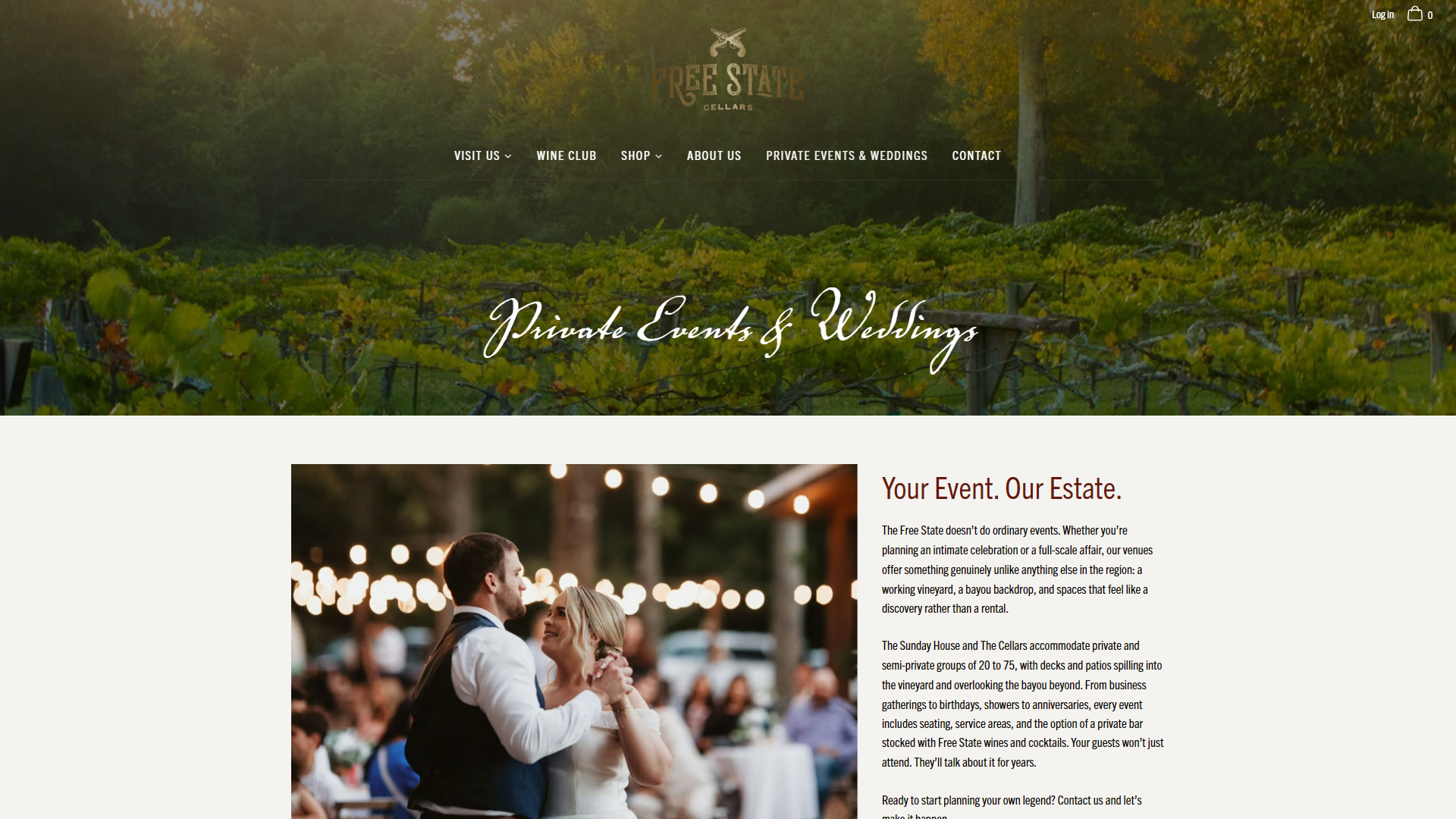 The Free State Cellars private events page in a desktop browser, headed "Private Events & Weddings" over the vineyard, with a couple dancing under festoon lights beside the heading "Your Event. Our Estate."