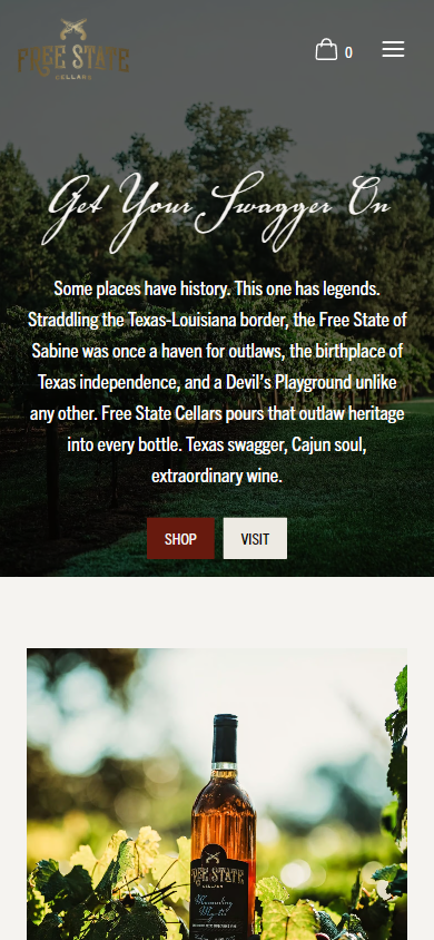 The Free State Cellars homepage on a phone, with "Get Your Swagger On" over the vineyard and a bottle photograph below.