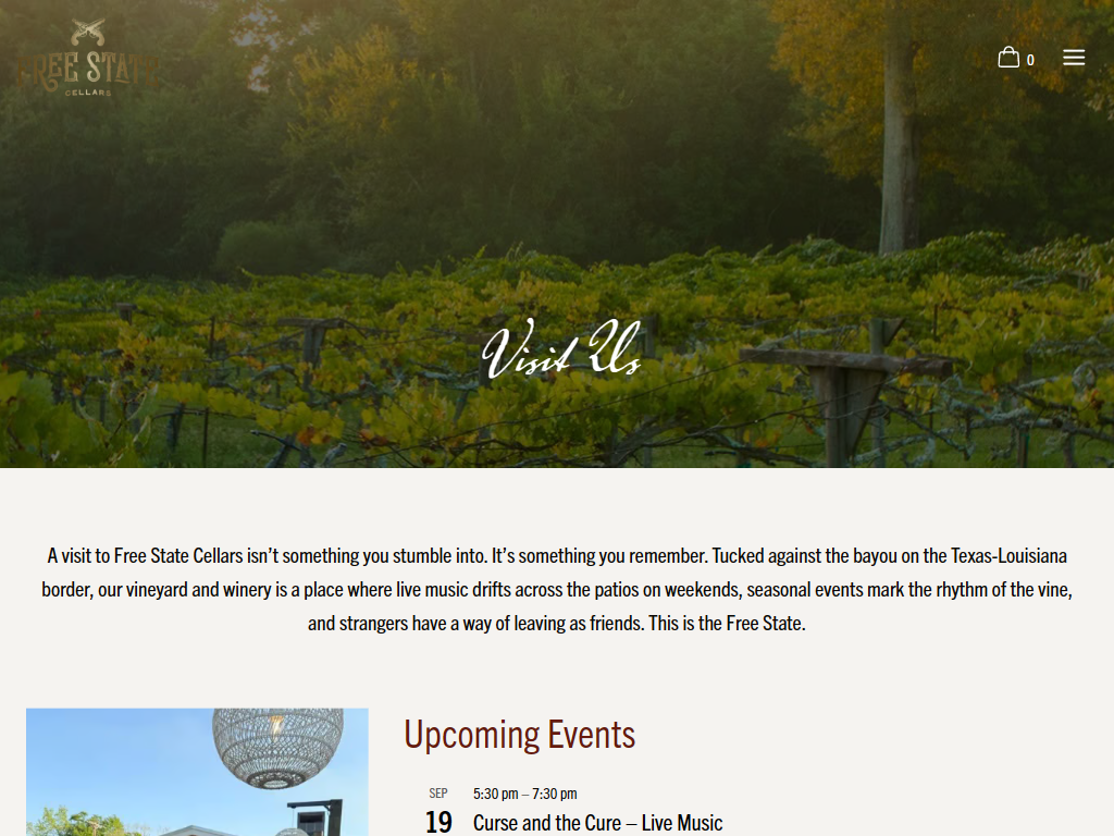 The Free State Cellars Visit Us page in a desktop browser, headed "Visit Us" over the vineyard at golden hour, with an upcoming events list below.