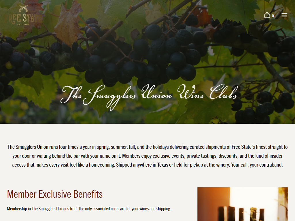 The Free State Cellars wine clubs page in a desktop browser, headed "The Smugglers Union Wine Clubs" over dark grapes on the vine, with the member benefits below.