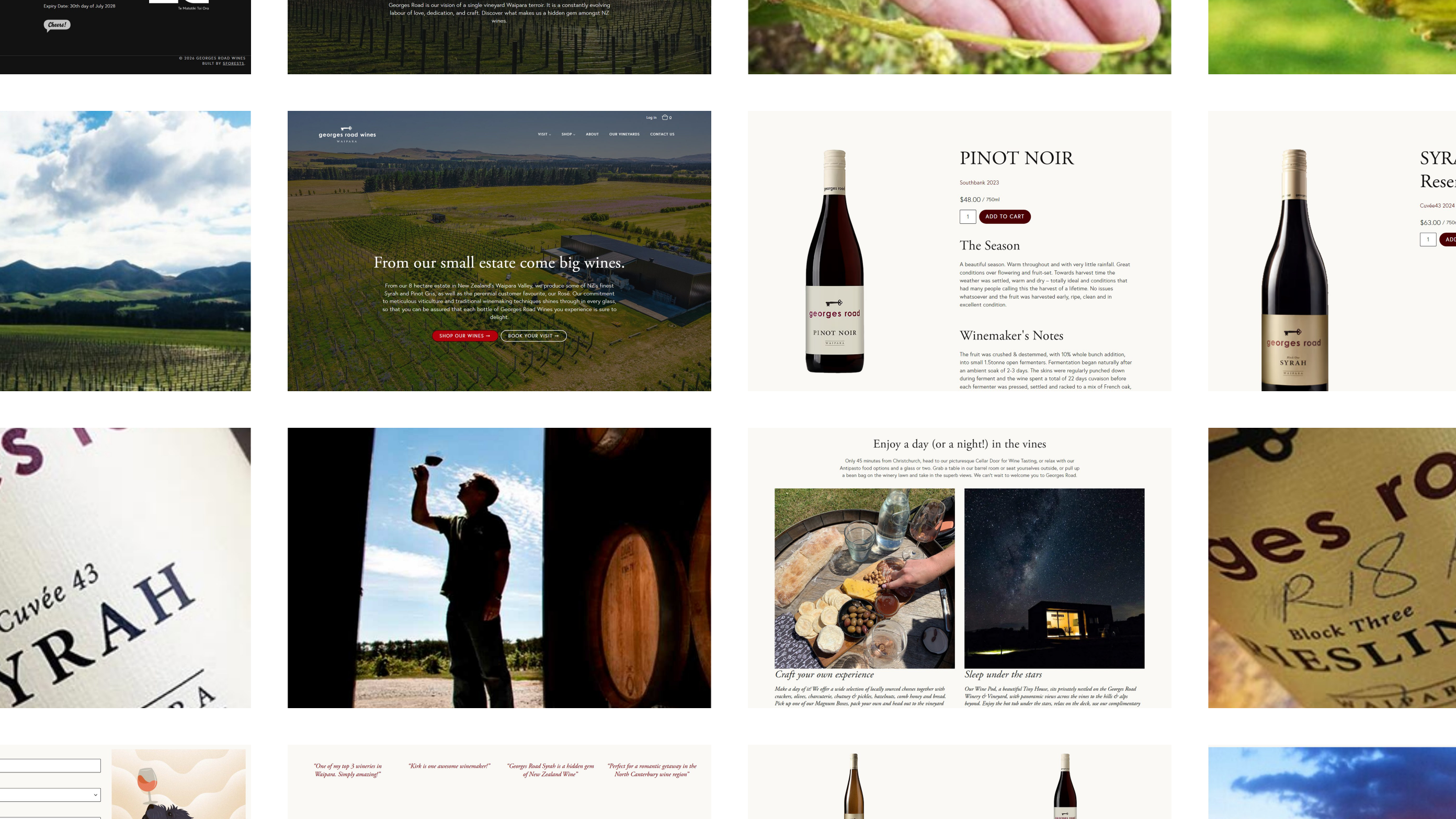 A grid of sections from the Georges Road Wines website: the home page, Syrah and Pinot Noir product pages, label close-ups, the winemaker in the barrel room and vineyard photography