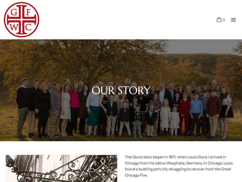 The Glunz About page in a desktop browser, headed "Our Story" over a large family group photograph, with the family history beside an ornate ironwork sign.