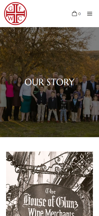 The Glunz About page on a phone, headed "Our Story" over the family photograph, with the House of Glunz wine merchants sign below.