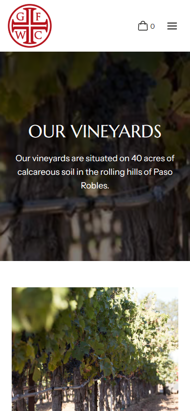 The Glunz vineyards page on a phone, headed "Our Vineyards", describing the calcareous soils of the Paso Robles site above a vineyard photograph.