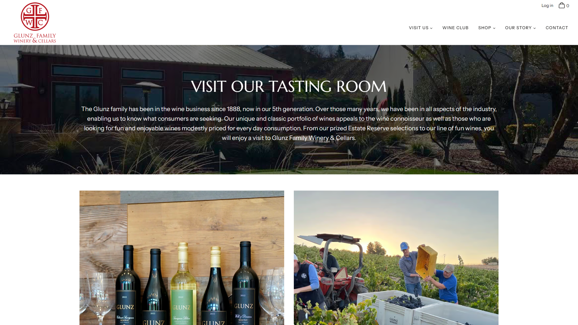 The Glunz Visit Us page in a desktop browser, headed "Visit Our Tasting Room" over the winery building among the trees, with the bottle line-up and a sunrise harvest photograph below.