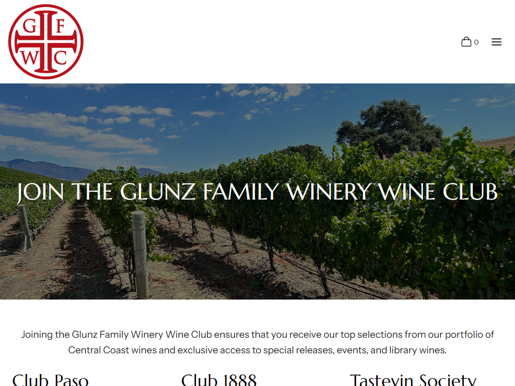 The Glunz wine clubs page in a desktop browser, headed "Join the Glunz Family Winery Wine Club" over a vineyard, with the three membership tiers listed below.