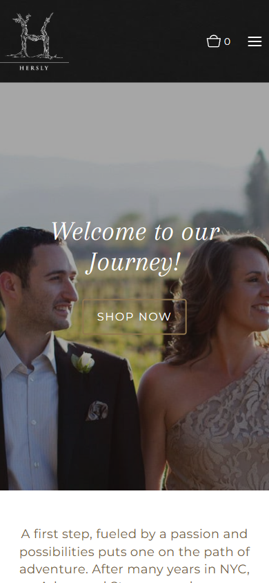 The Hersly Wines homepage on a phone: the vineyard hero image with "Welcome to our Journey!" and a Shop Now button, above the opening lines of the winery's story.