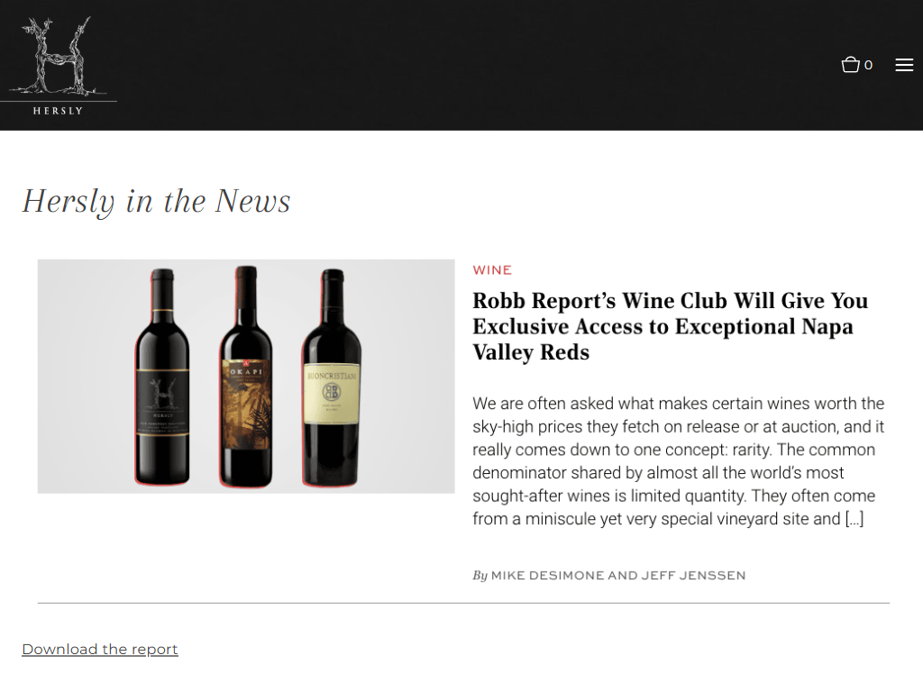 The Hersly Wines press page on desktop, headed "Hersly in the News", with a Robb Report article about the winery's wine club shown beside a photograph of three bottles.