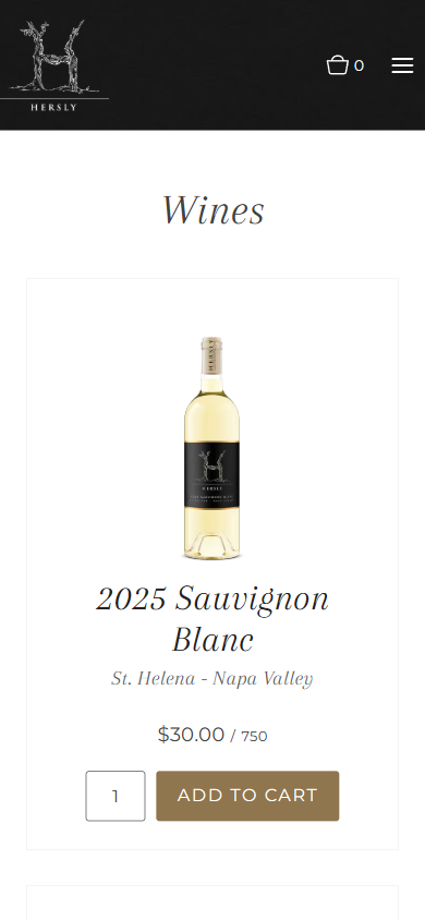 The Hersly Wines shop listing on a phone, showing the 2025 Sauvignon Blanc from St. Helena, Napa Valley at $30.00 for 750ml with a quantity field and an Add to Cart button.