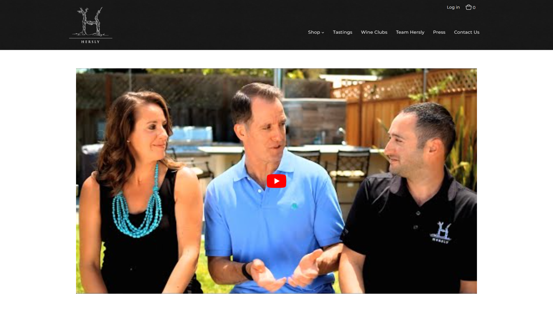 The Team Hersly page on desktop, showing an embedded video thumbnail of three people talking outdoors with a play button over it.