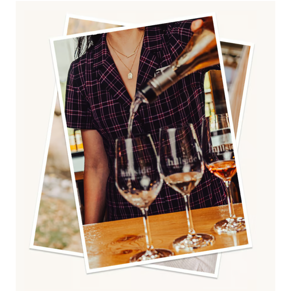 Polaroid-style photographs of a wine tasting at Hillside