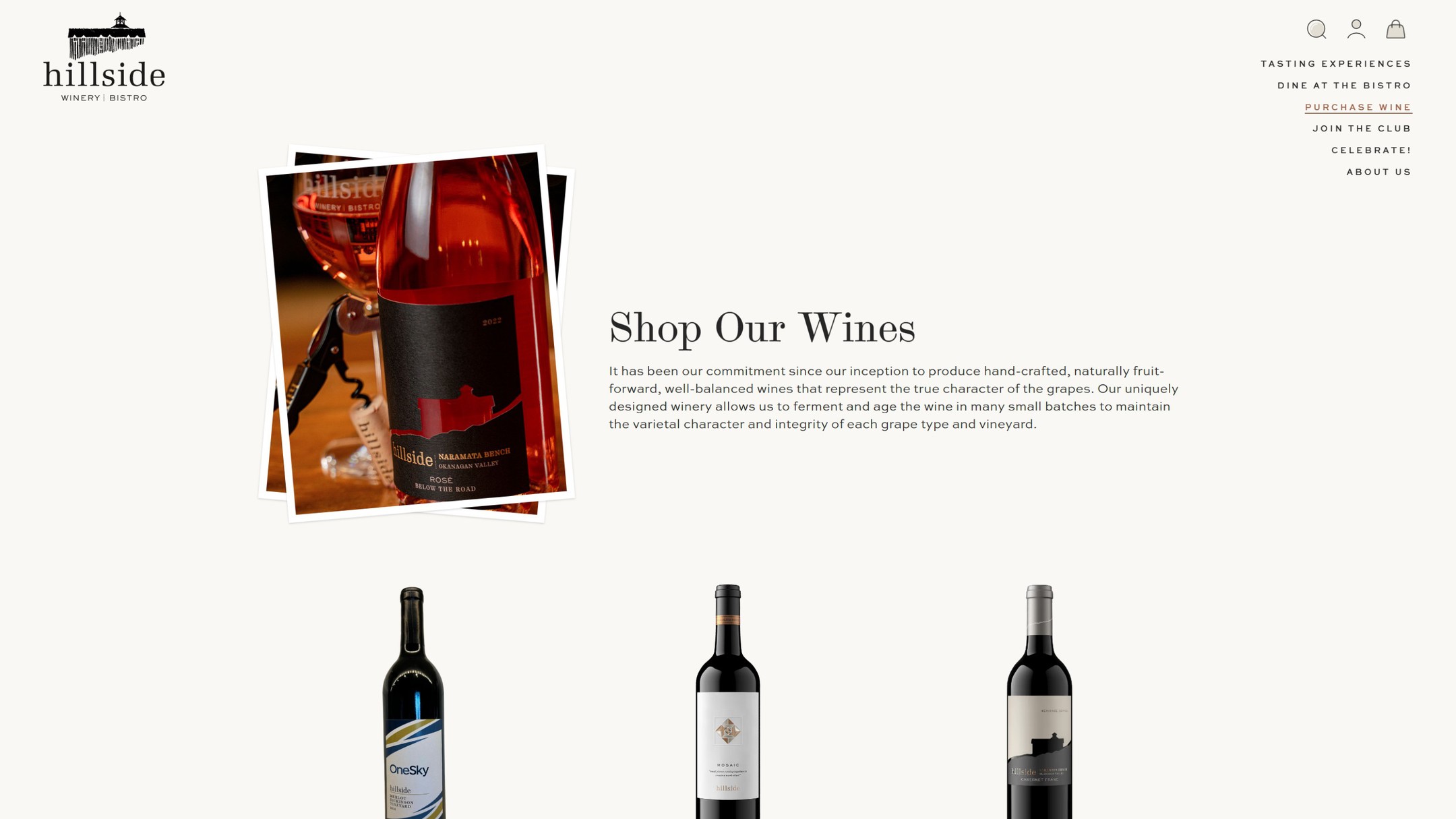 The new Hillside shop page at launch: Shop Our Wines beside a stack of Polaroid photos, with the first bottles below.
