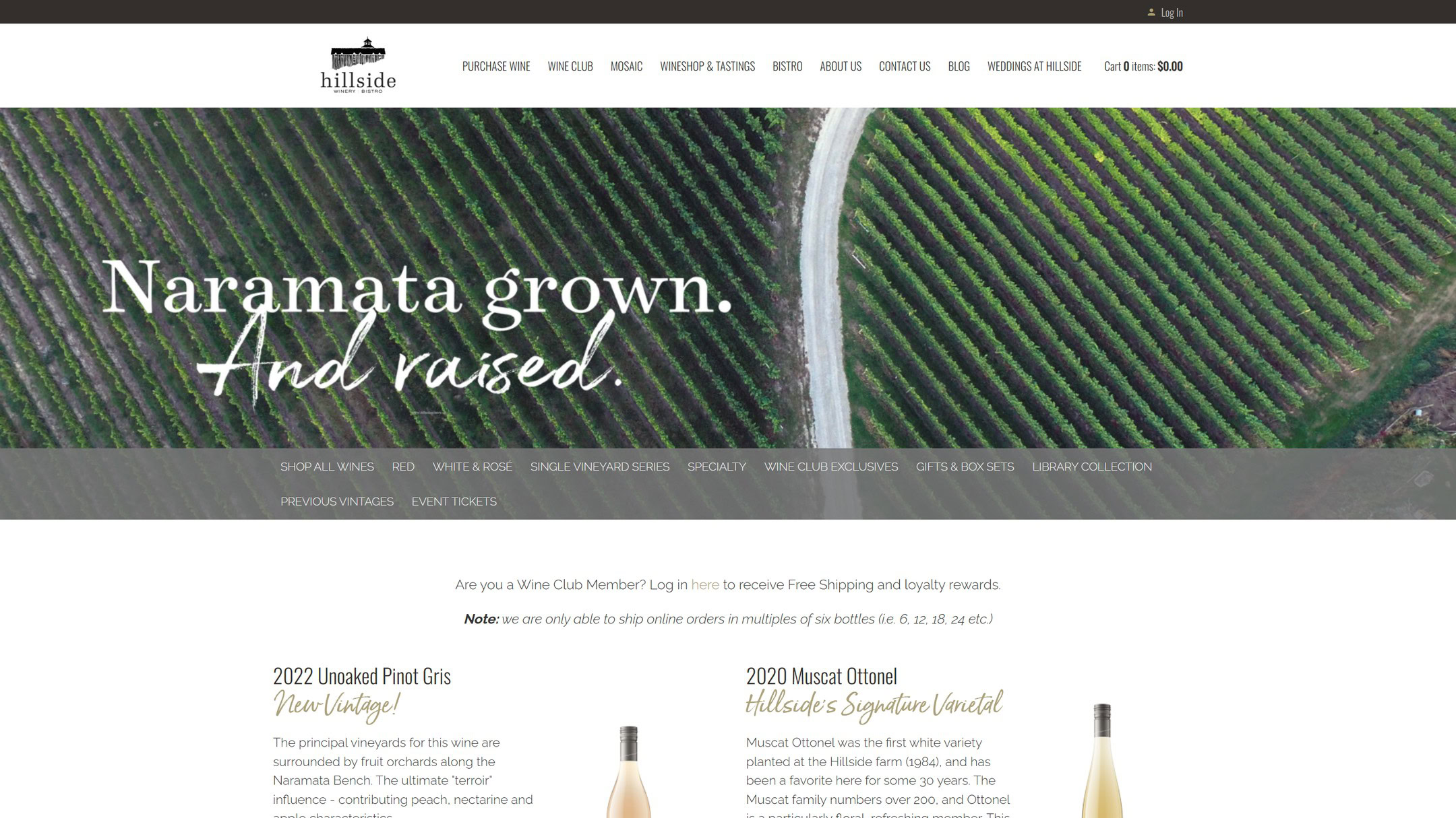 The old Hillside wine shop page in 2023: a vineyard aerial photo under the words Naramata grown. And raised.