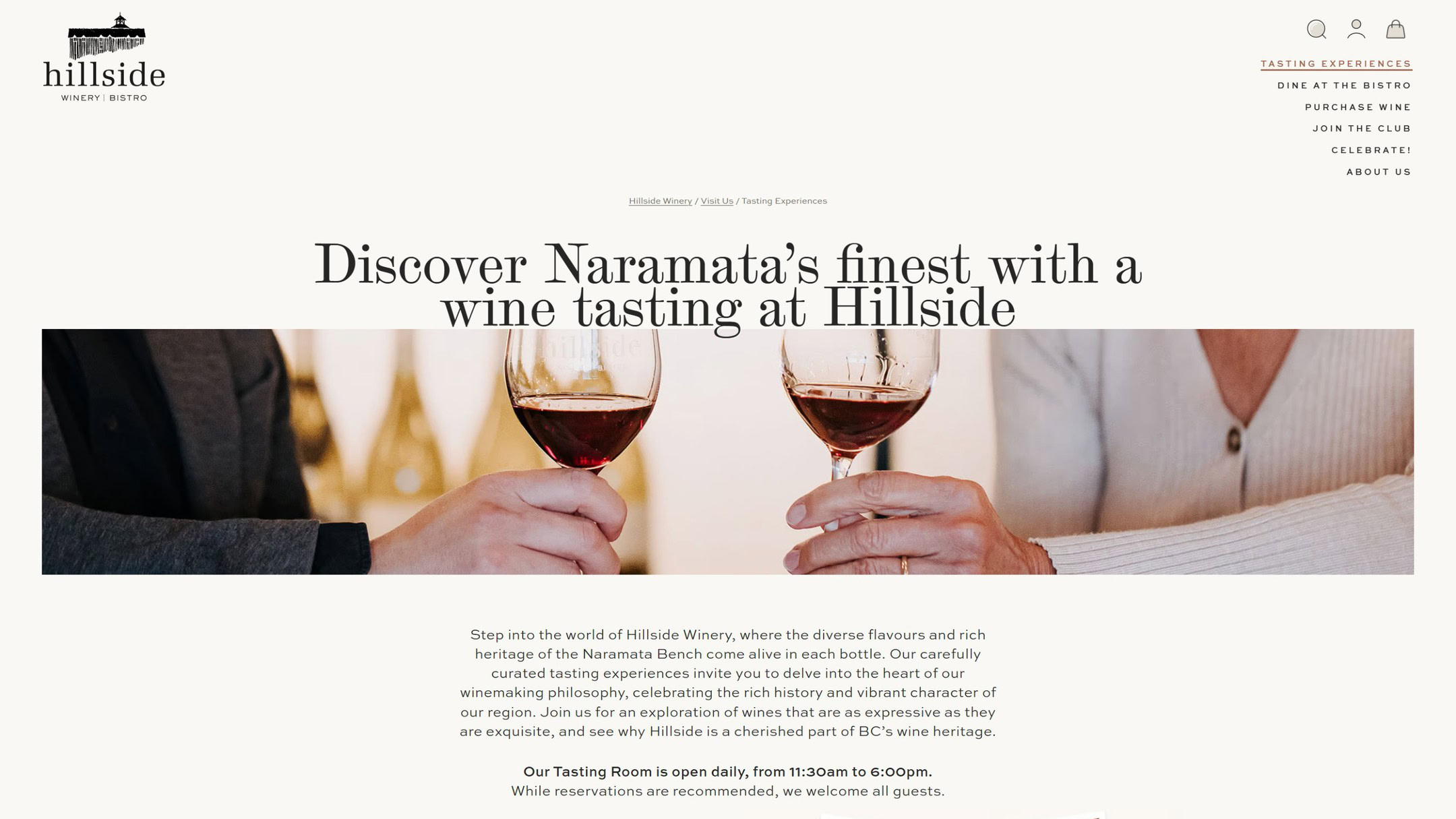 The new Hillside tastings page at launch: Discover Naramata’s finest with a wine tasting at Hillside, over a photo of two glasses.