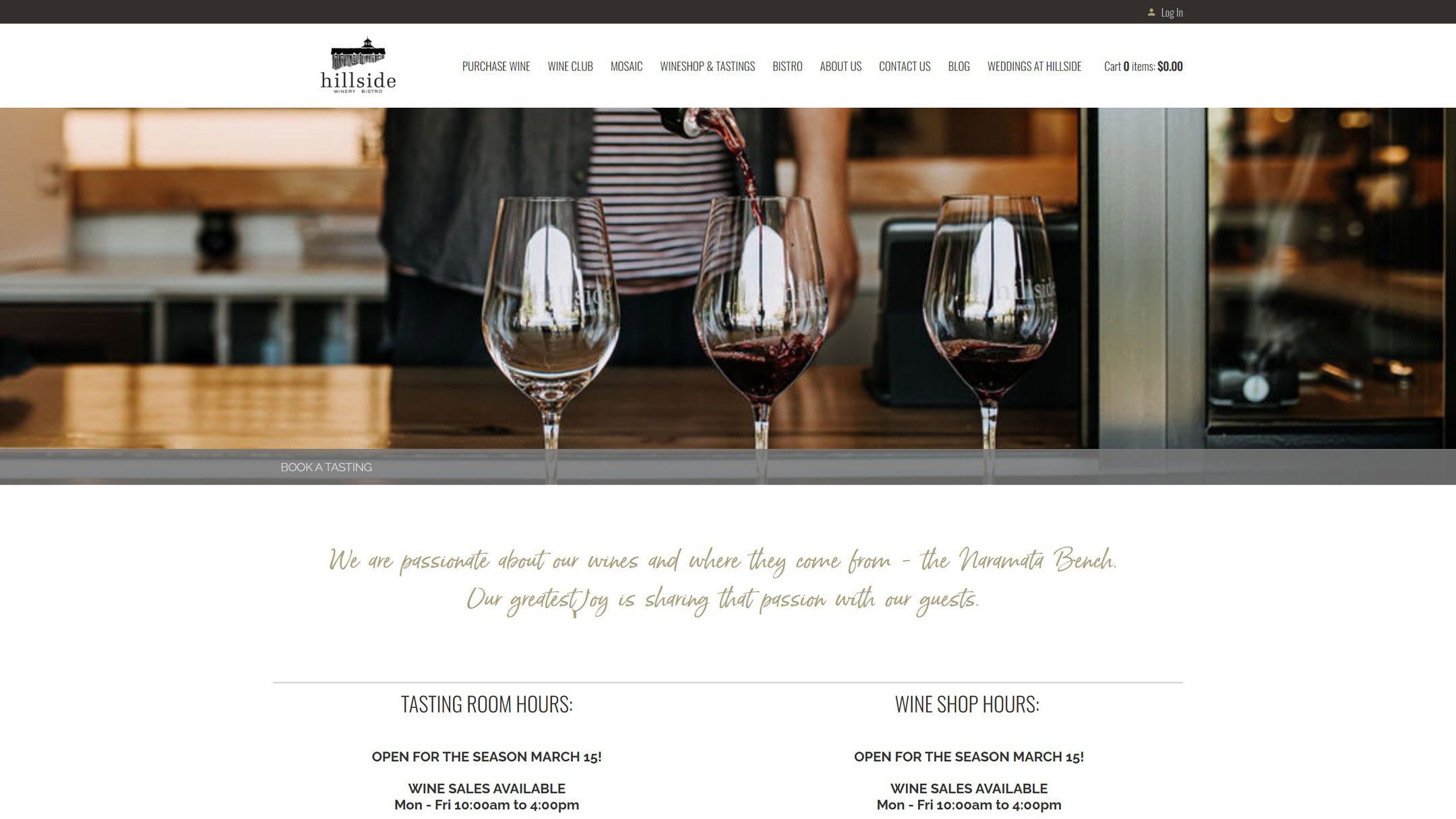 The old Hillside book a tasting page in 2023: wine glasses on a bar and tasting room hours below.