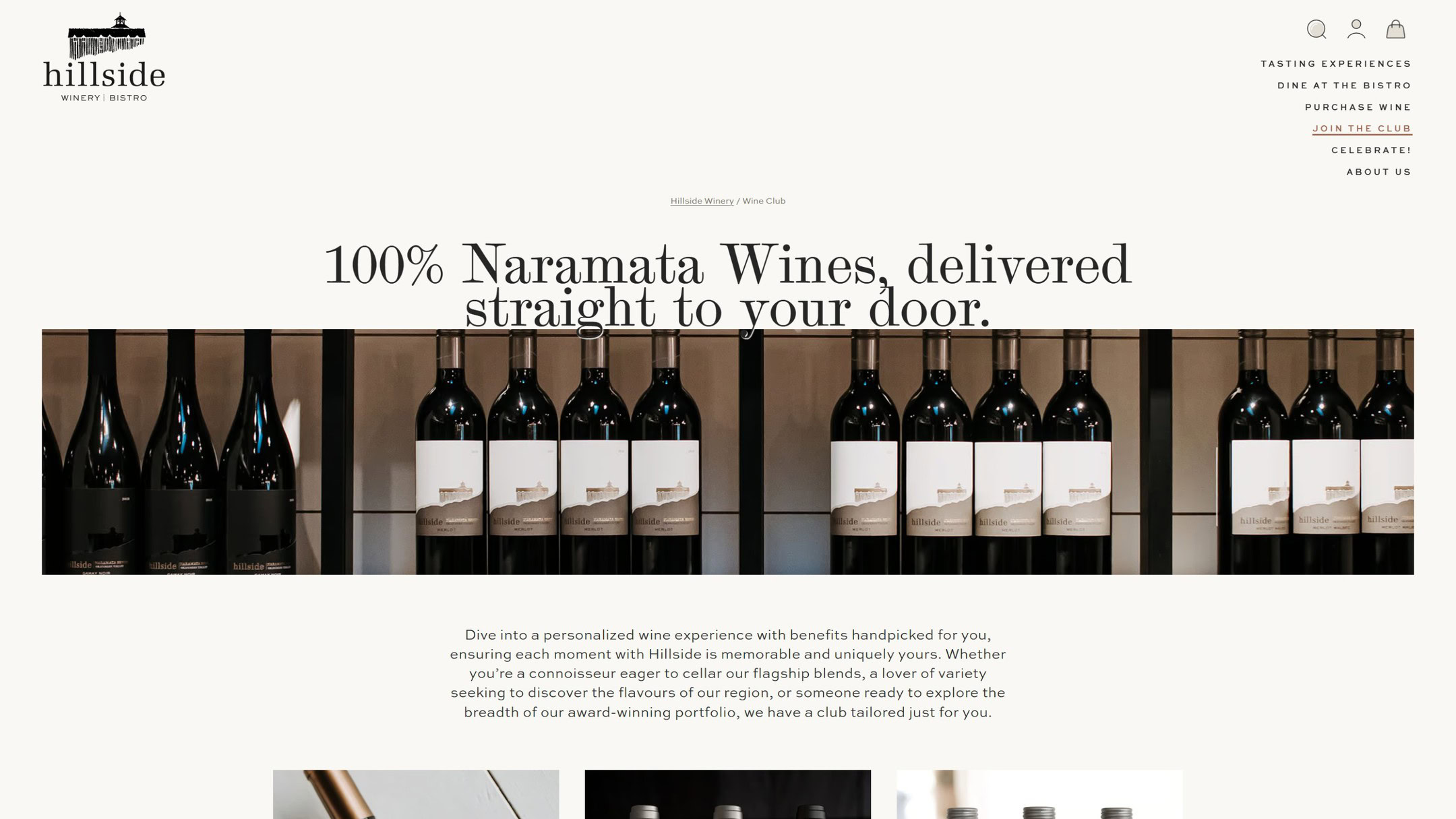 The new Hillside wine club page at launch: 100% Naramata Wines, delivered straight to your door, over a row of bottles.