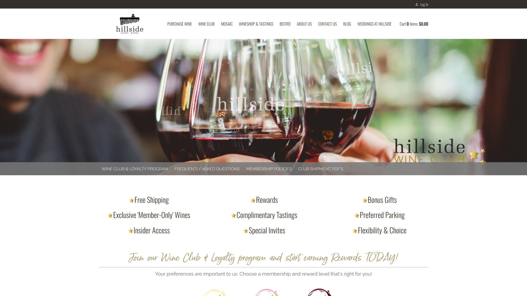 The old Hillside wine club page in 2023: a photo of raised glasses under a grey menu bar, and a list of member benefits.