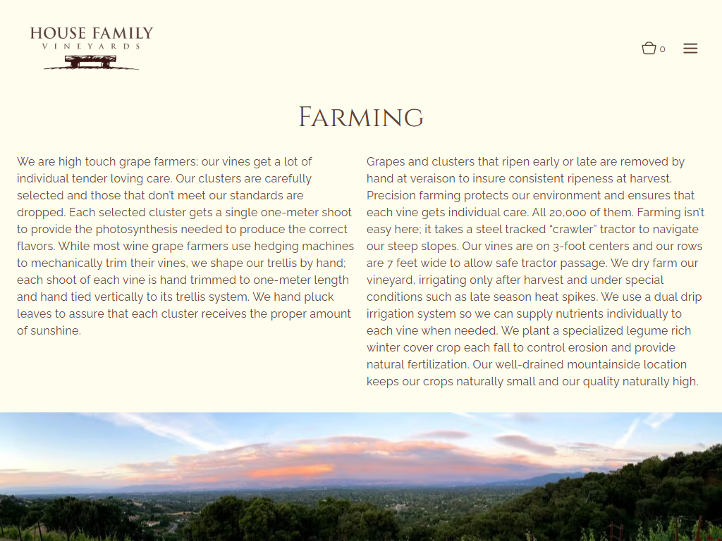 The House Family farming page in a desktop browser, headed "Farming", with two columns on hand-tended viticulture above a photograph of the ridge at sunset.