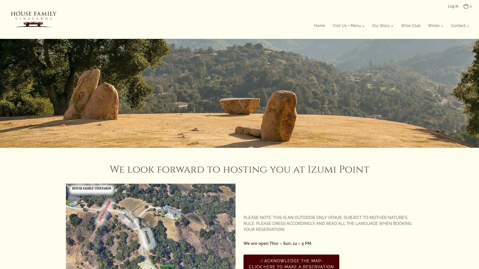 The House Family Visit Us page in a desktop browser, with standing stones and a stone table on a hilltop terrace, above the line "We look forward to hosting you at Izumi Point" and an aerial site map.
