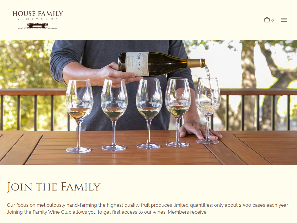 The House Family wine club page in a desktop browser, with a bottle being poured into a row of glasses along a wooden rail, above the heading "Join the Family".