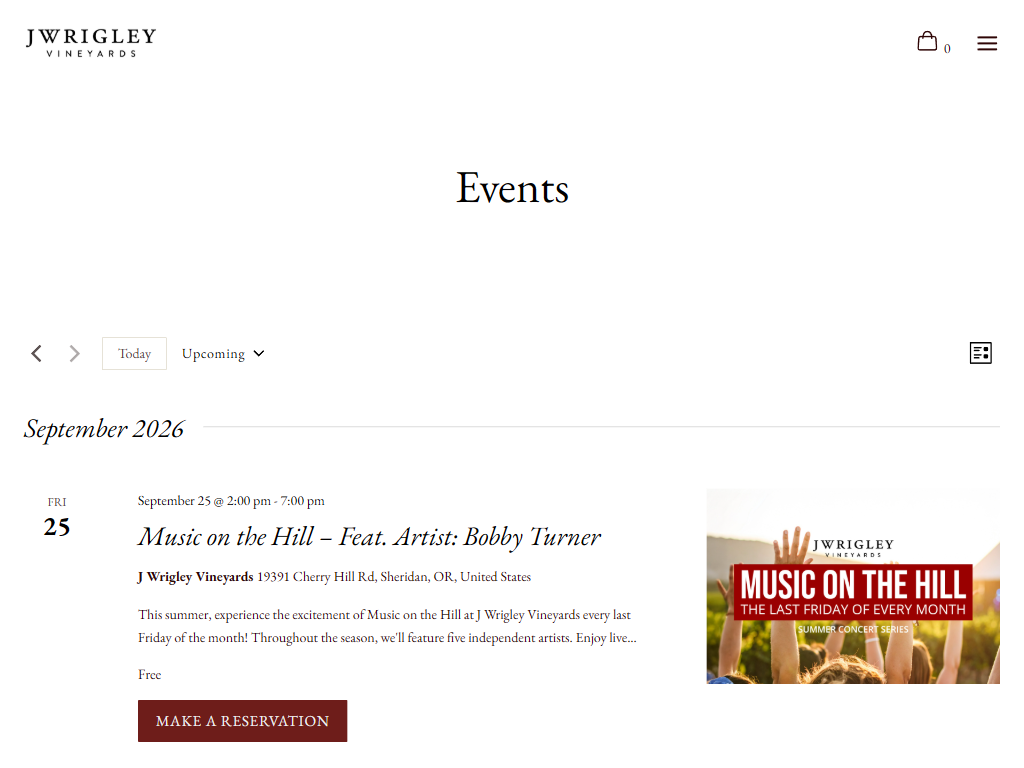 The J Wrigley events page in a desktop browser, headed "Events", listing a live music evening with its poster artwork and a reservation button.