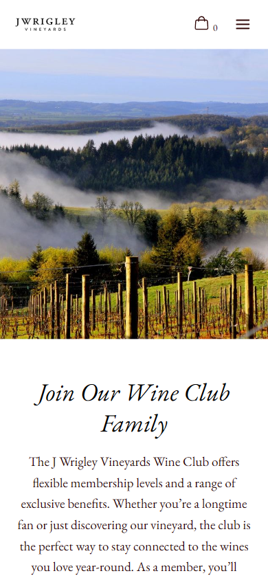 The J Wrigley wine club page on a phone, with mist lying over the vineyard above the heading "Join Our Wine Club Family".