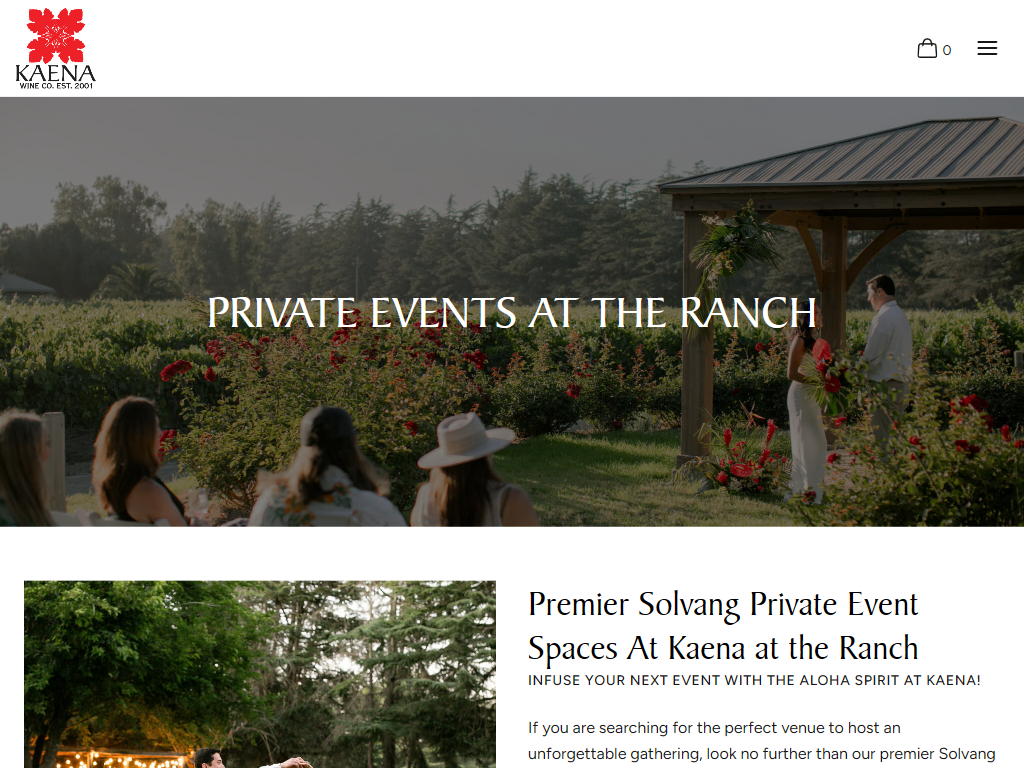 The Kaena private events page in a desktop browser, headed "Private Events at the Ranch", with guests gathered on the lawn beside a pergola.