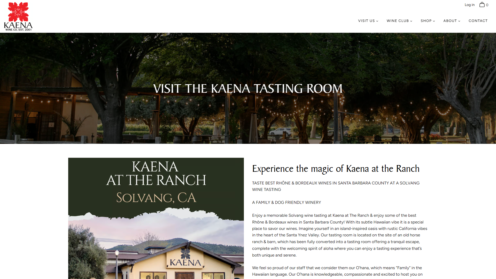 The Kaena Visit Us page in a desktop browser, headed "Visit the Kaena Tasting Room" over a terrace under trees strung with lights, above a description of tasting at the ranch in Solvang.