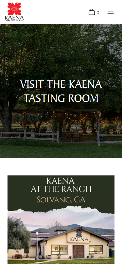 The Kaena Visit Us page on a phone, headed "Visit the Kaena Tasting Room" over the lit terrace, with the ranch panel below.
