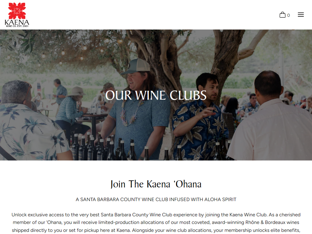 The Kaena wine club page in a desktop browser, headed "Our Wine Clubs" over guests at an outdoor bar under a tree, above an invitation to join the Kaena 'Ohana.