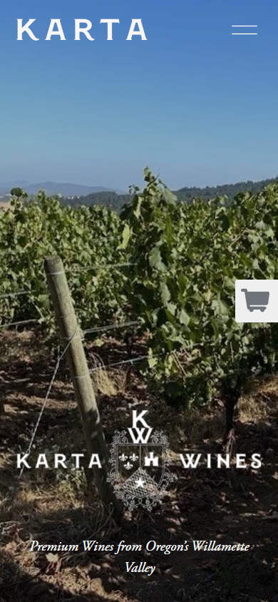 The Karta homepage on a phone, with the vineyard post photograph behind the Karta Wines crest and the Willamette Valley line.