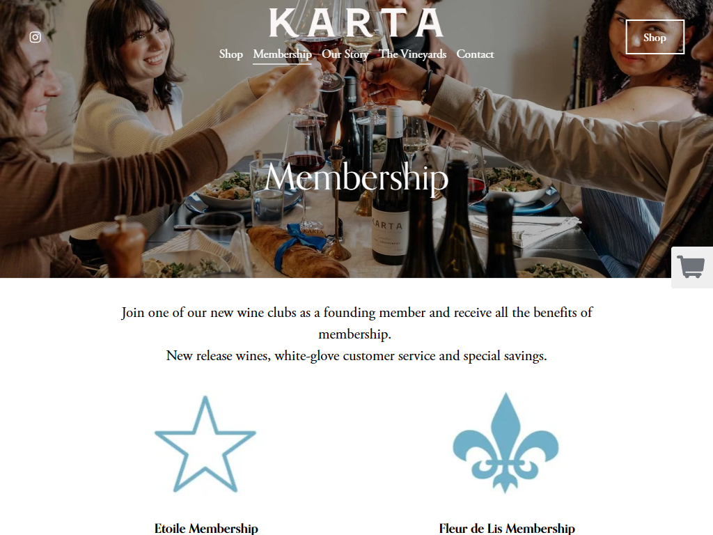 The Karta membership page in a desktop browser, headed "Membership" over friends raising their glasses at a table, with the Estate and Fleur de Lis tiers below.